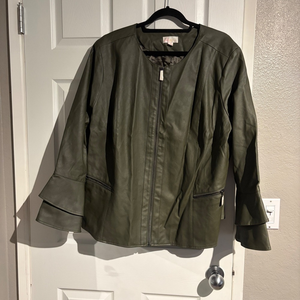 Belle by Kim Gravel Olive Green Faux Leather Ruffle Cuff Jacket 3X